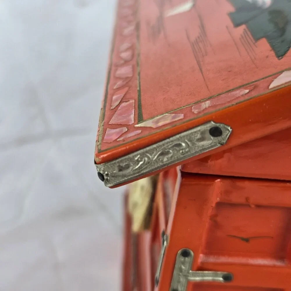 Vintage Japanese Hand Painted Jewelry Box Hinged Lid Side Drawer Wooden
